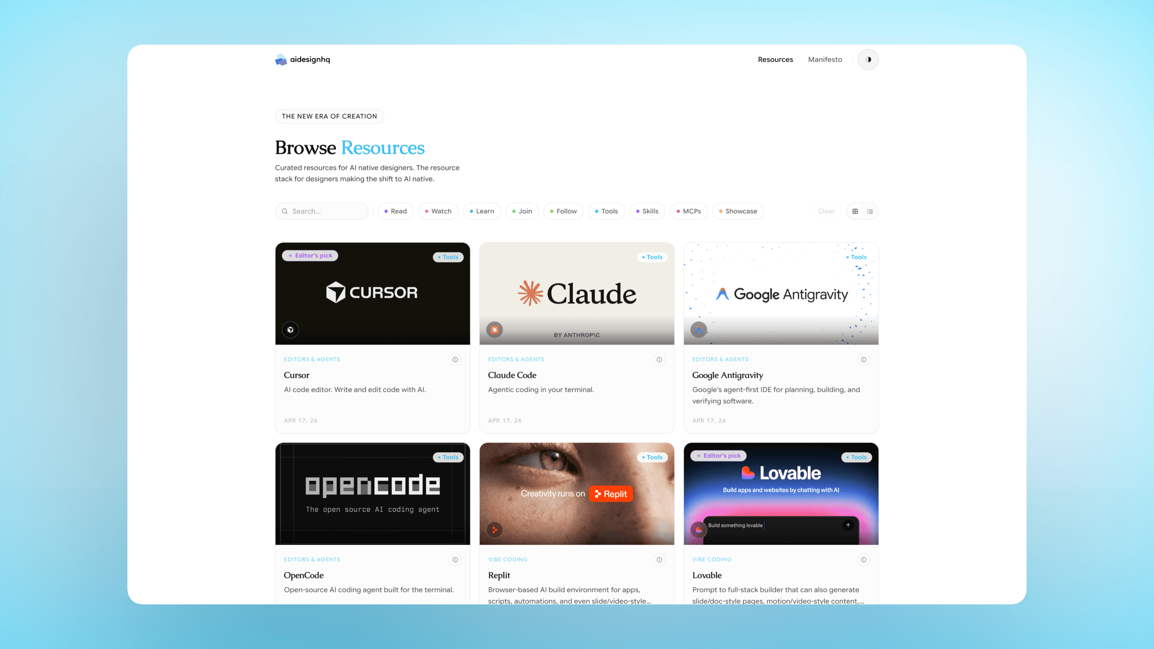 AI Design HQ - Dark theme with Tools category filter expanded