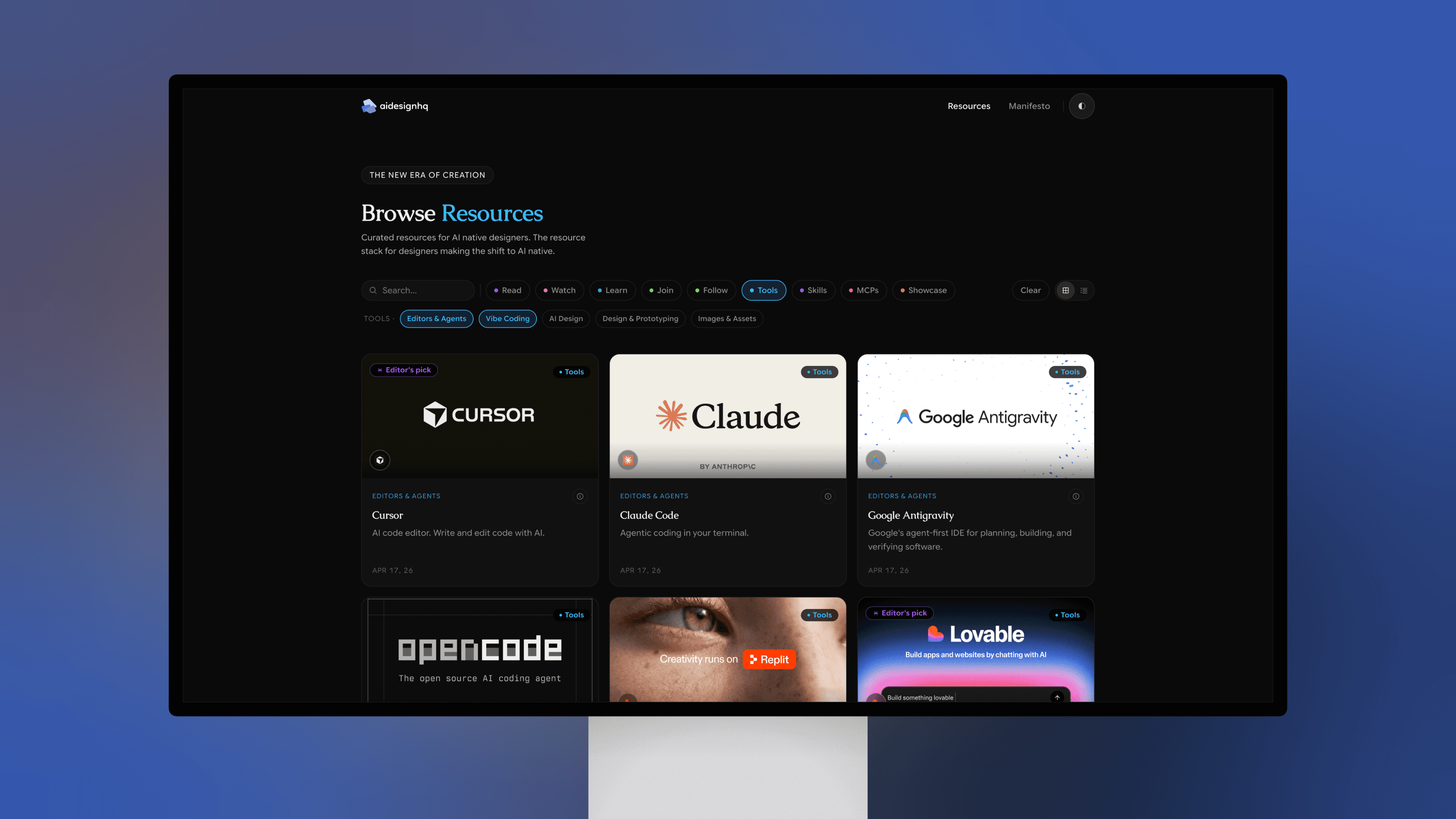 AI Design HQ - Cursor resource detail panel showing pricing, best-for, and comparison