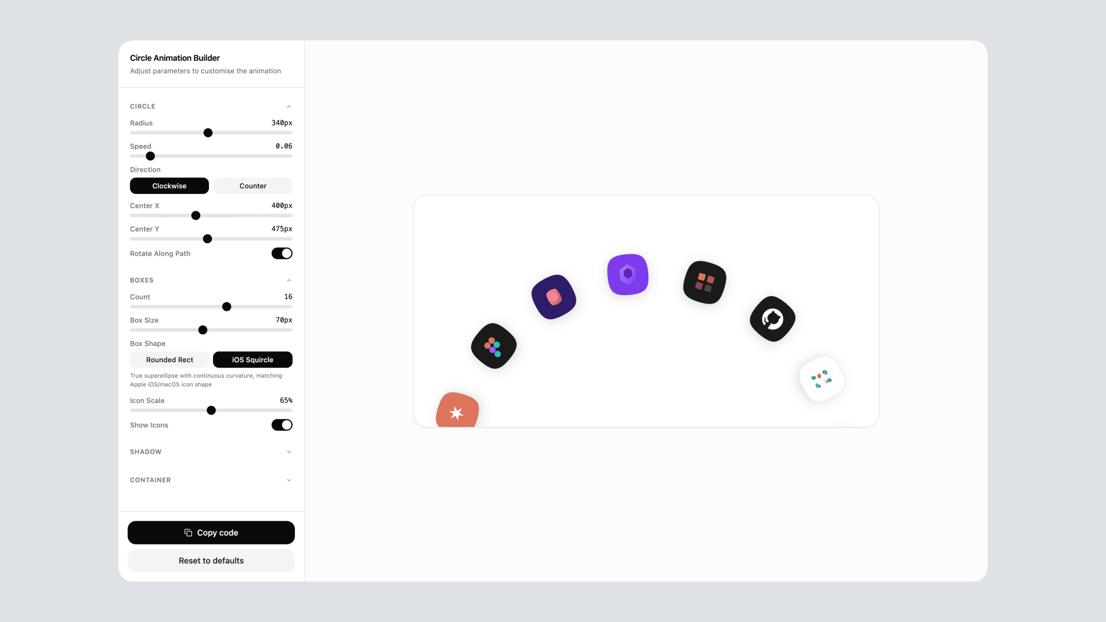 Circle Animation Builder interface showing controls for orbital icon animation settings