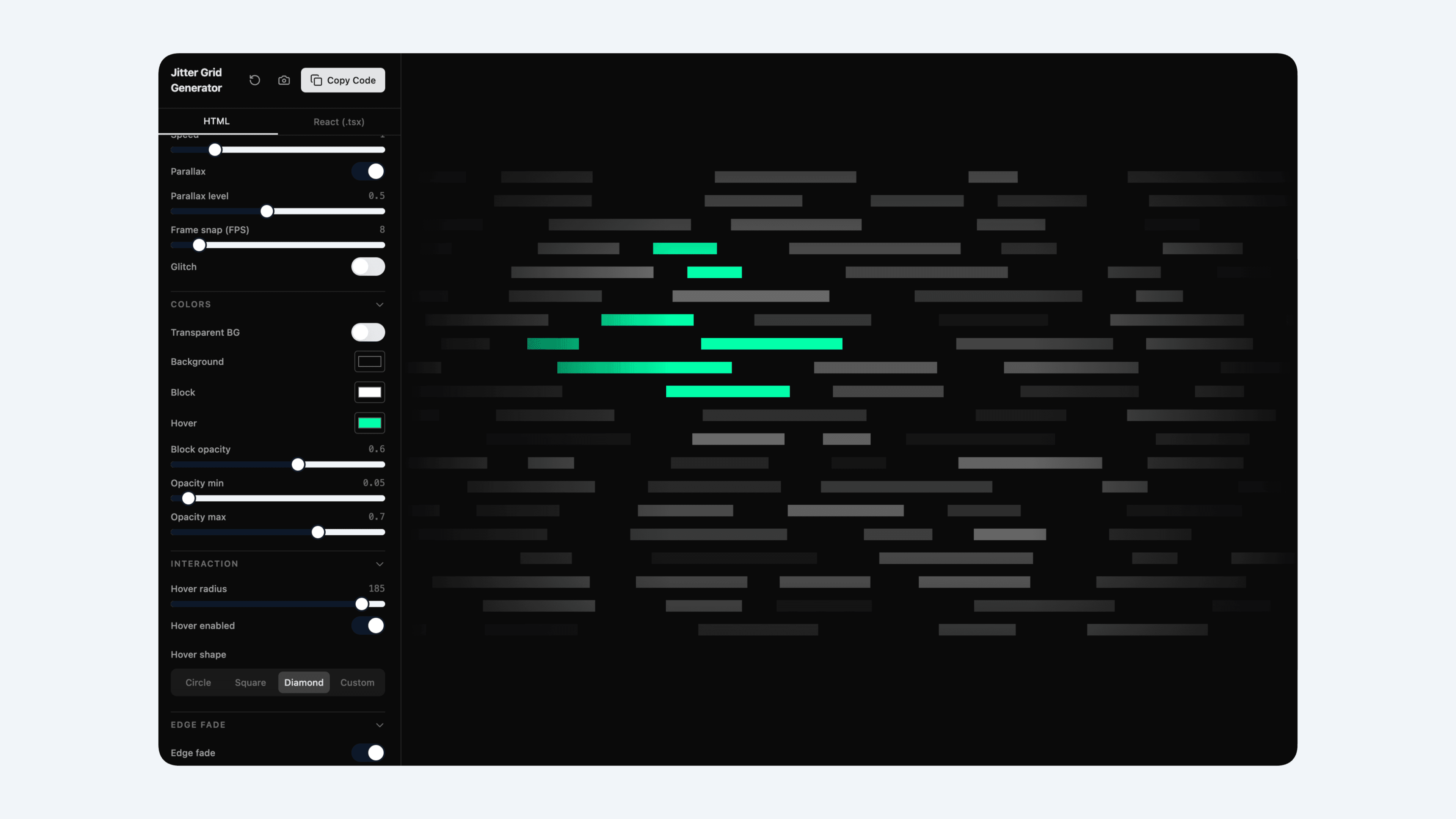 Jitter Grid Generator interface showing a dark animated grid preview with control settings