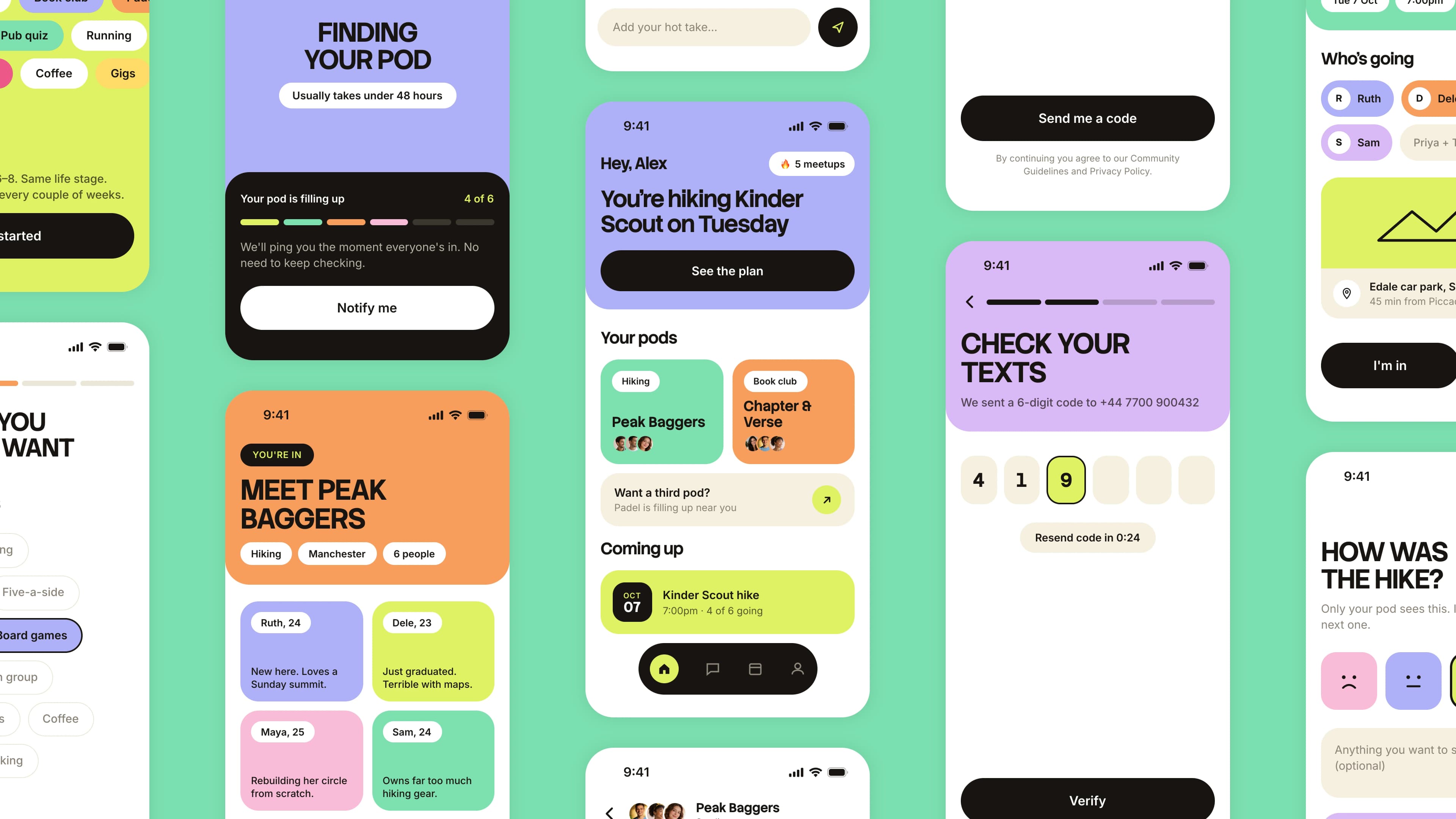 Post-uni — Pod-matching social app concept showing onboarding, pod discovery, group profiles, event details, and post-event feedback screens