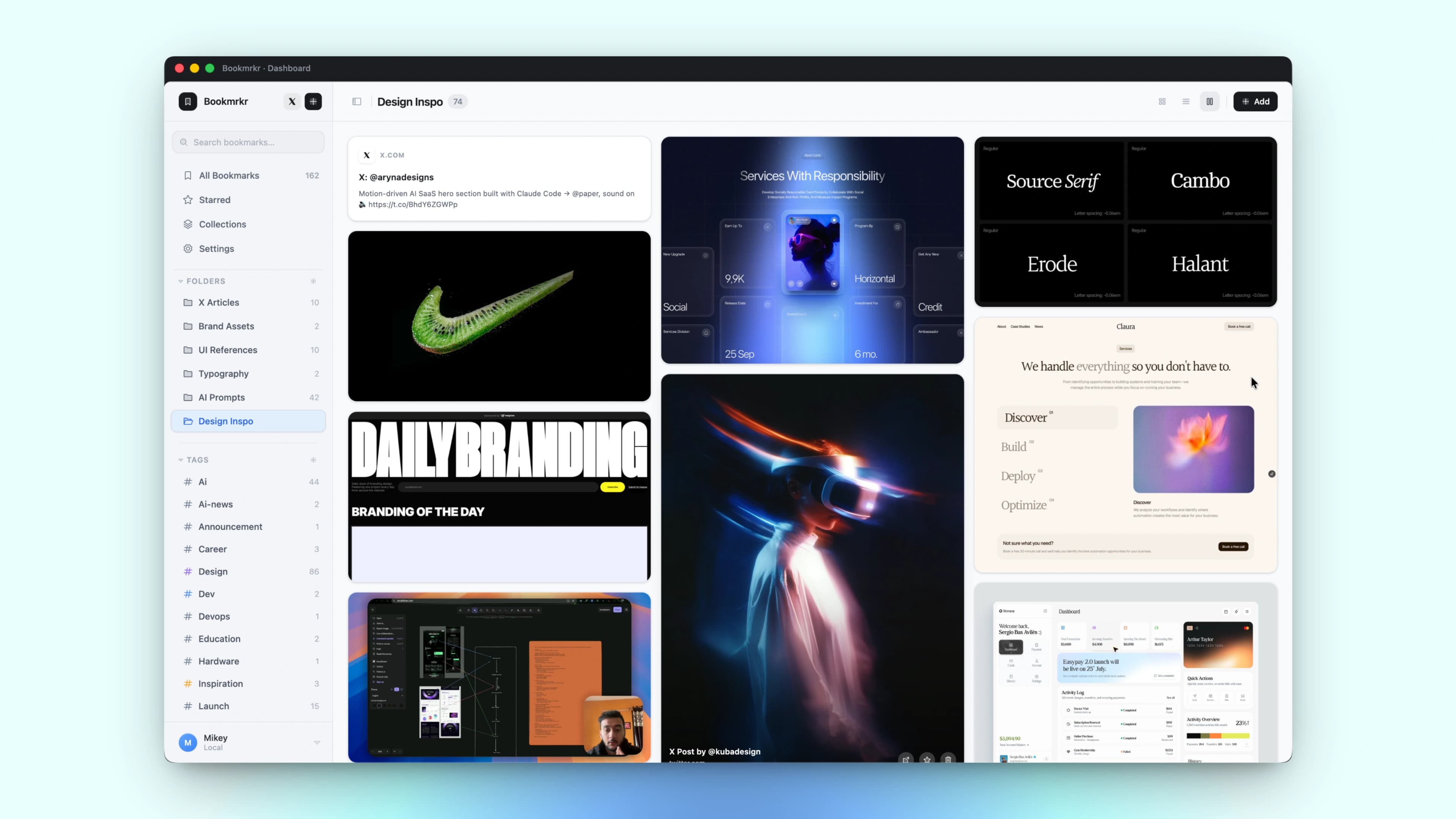 Bookmrkr — folders, tags, and masonry bookmark grid