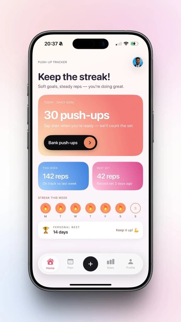 Push-up Tracker app UI mockup in an iPhone frame
