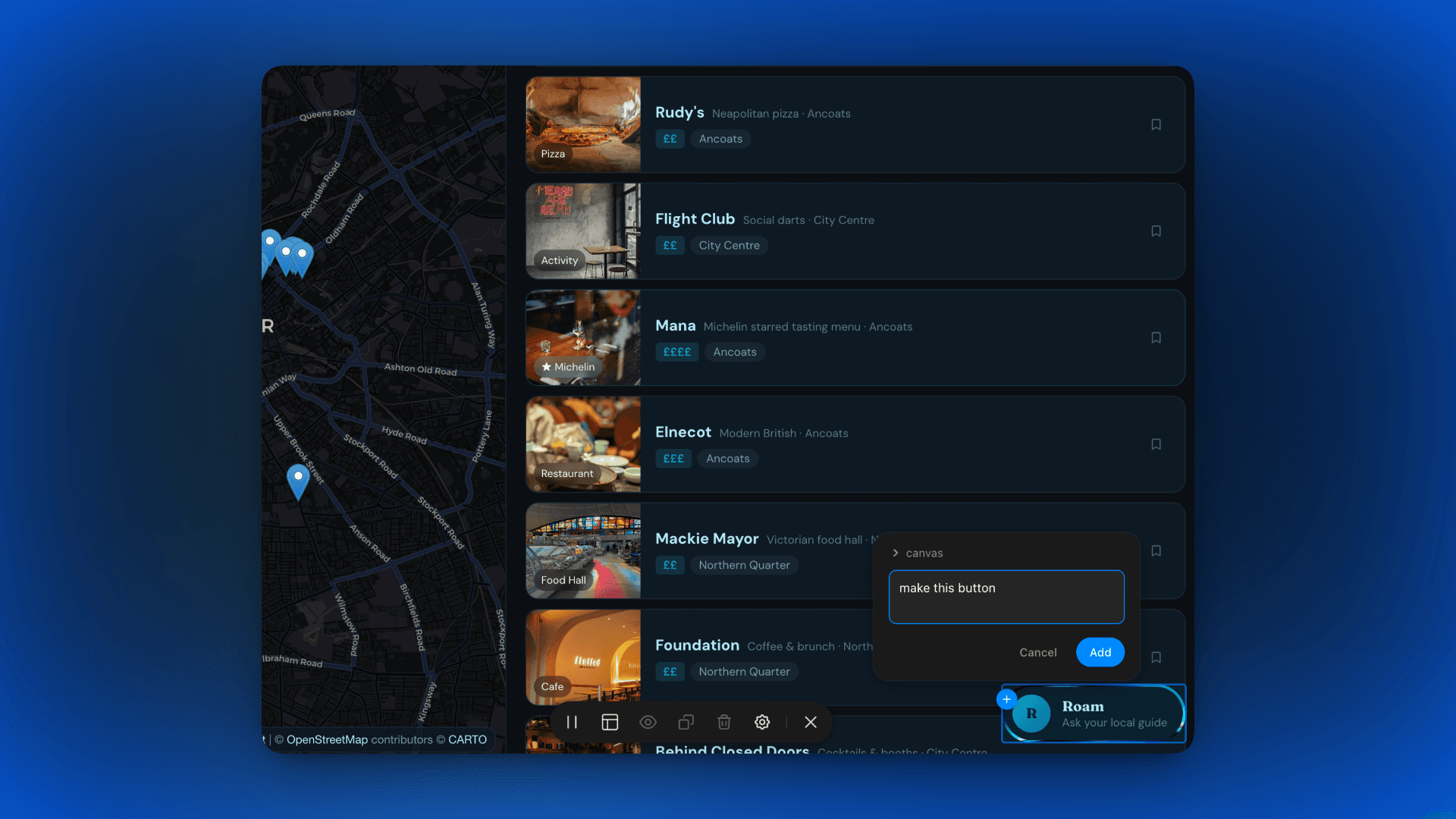 The Roam prototype in a browser with Agentation overlay, clicking a button and typing 'make this button' to send precise instructions to the agent.