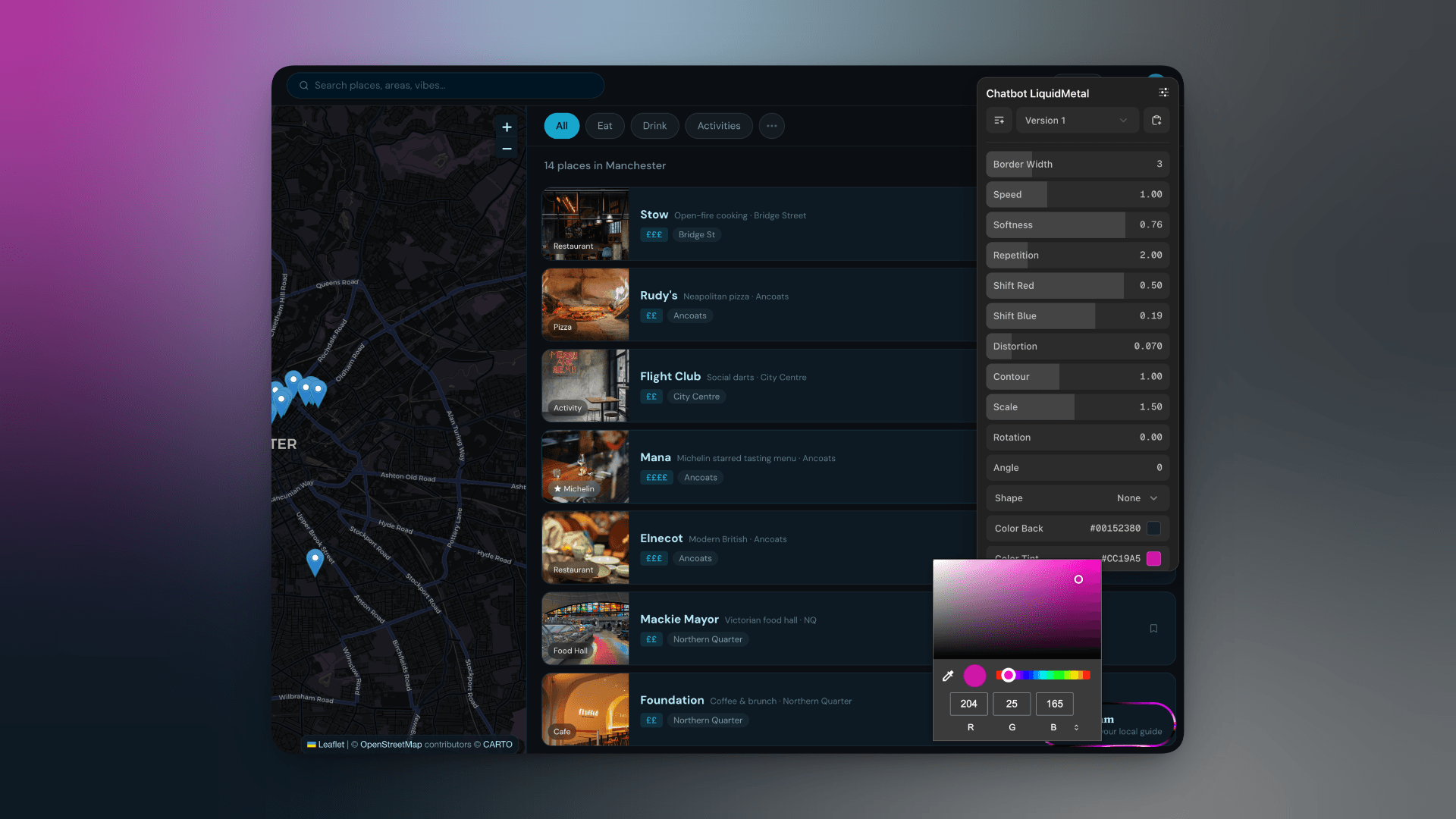 The Roam prototype with a Dialkit panel open, live-tweaking border width, speed, softness, repetition and colour of a Liquid Metal shader button.