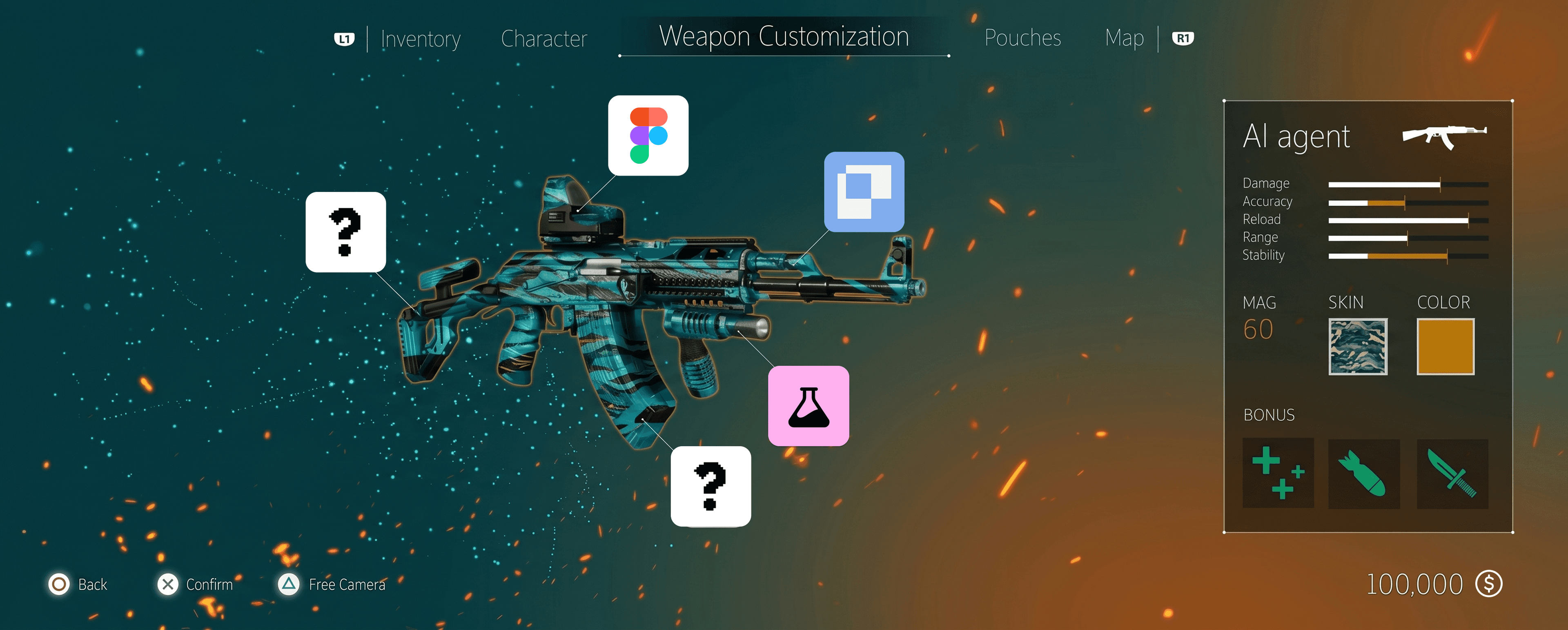 A weapon customization screen from a shooter game, used as a metaphor for a curated AI-tool loadout.