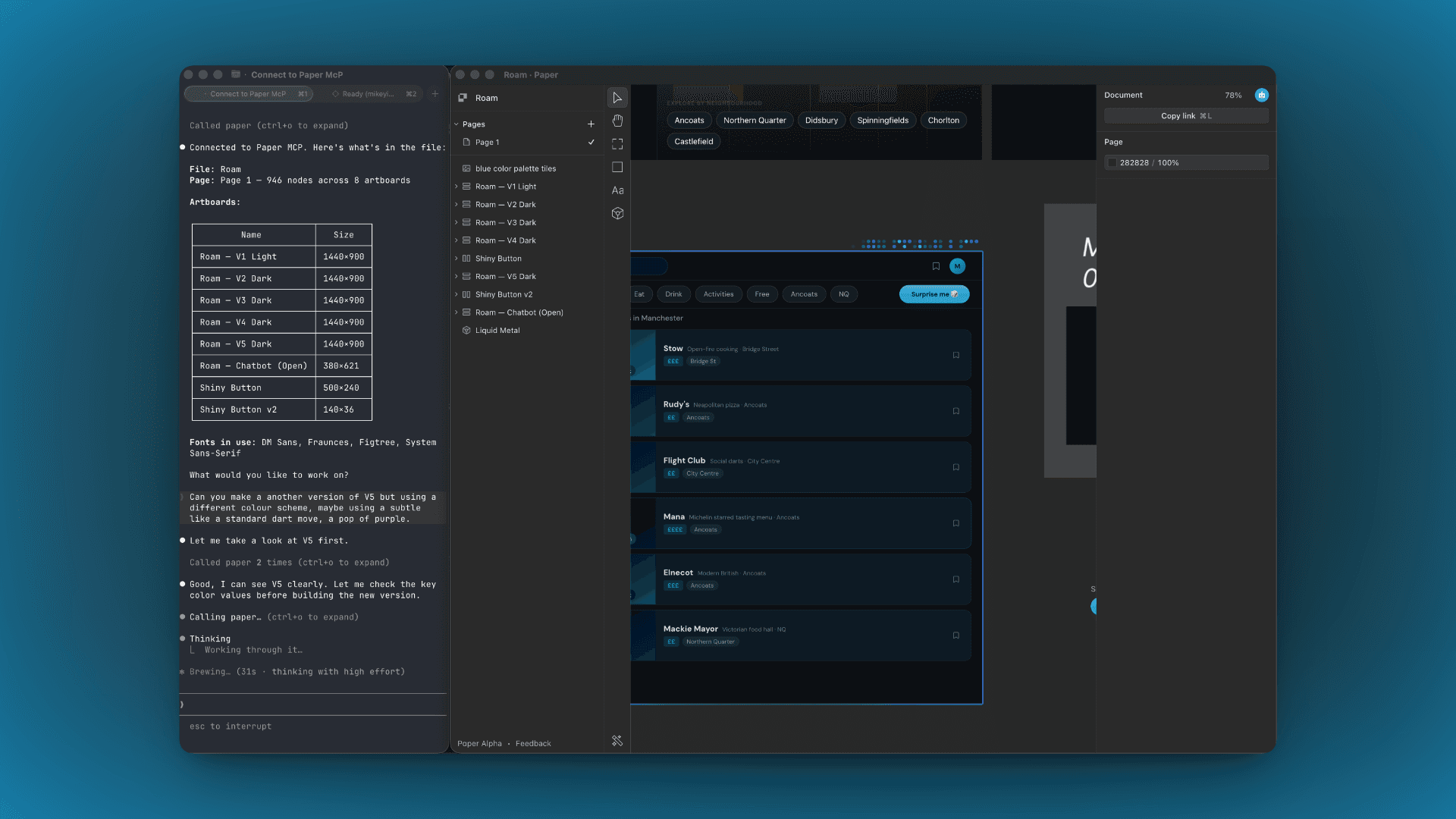 Paper canvas with a Roam design file open, showing multiple artboards and a Paper MCP chat on the left.
