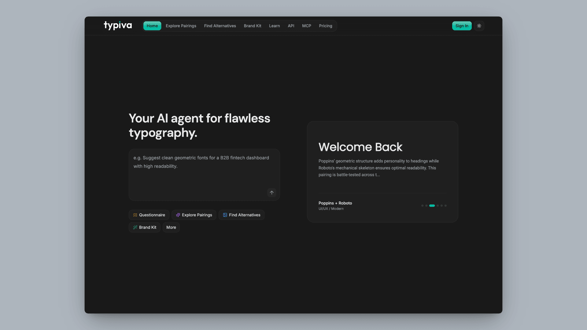 Typiva home, dark theme