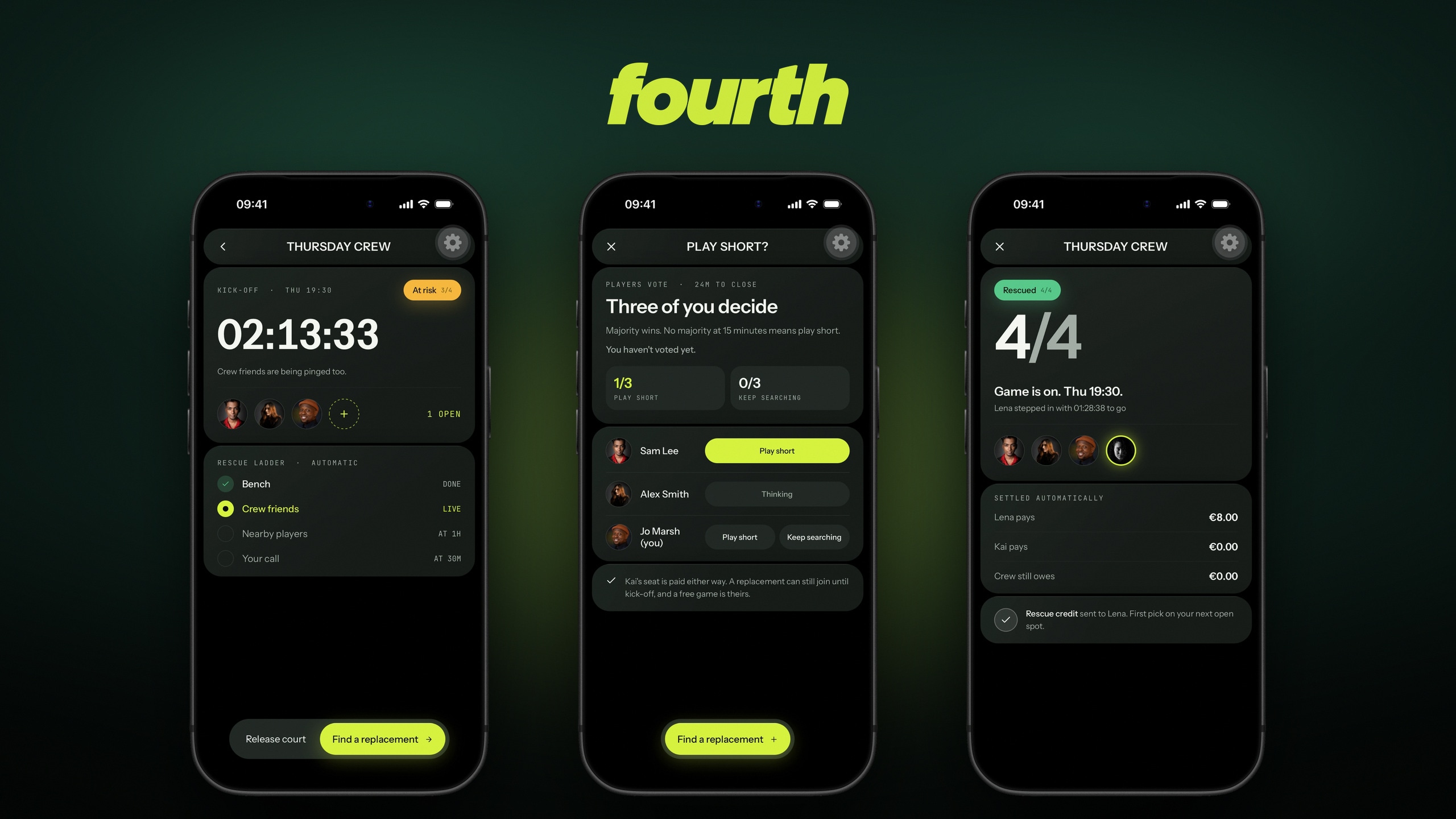 Three screens from Fourth, an app that rescues a padel game when a player drops out