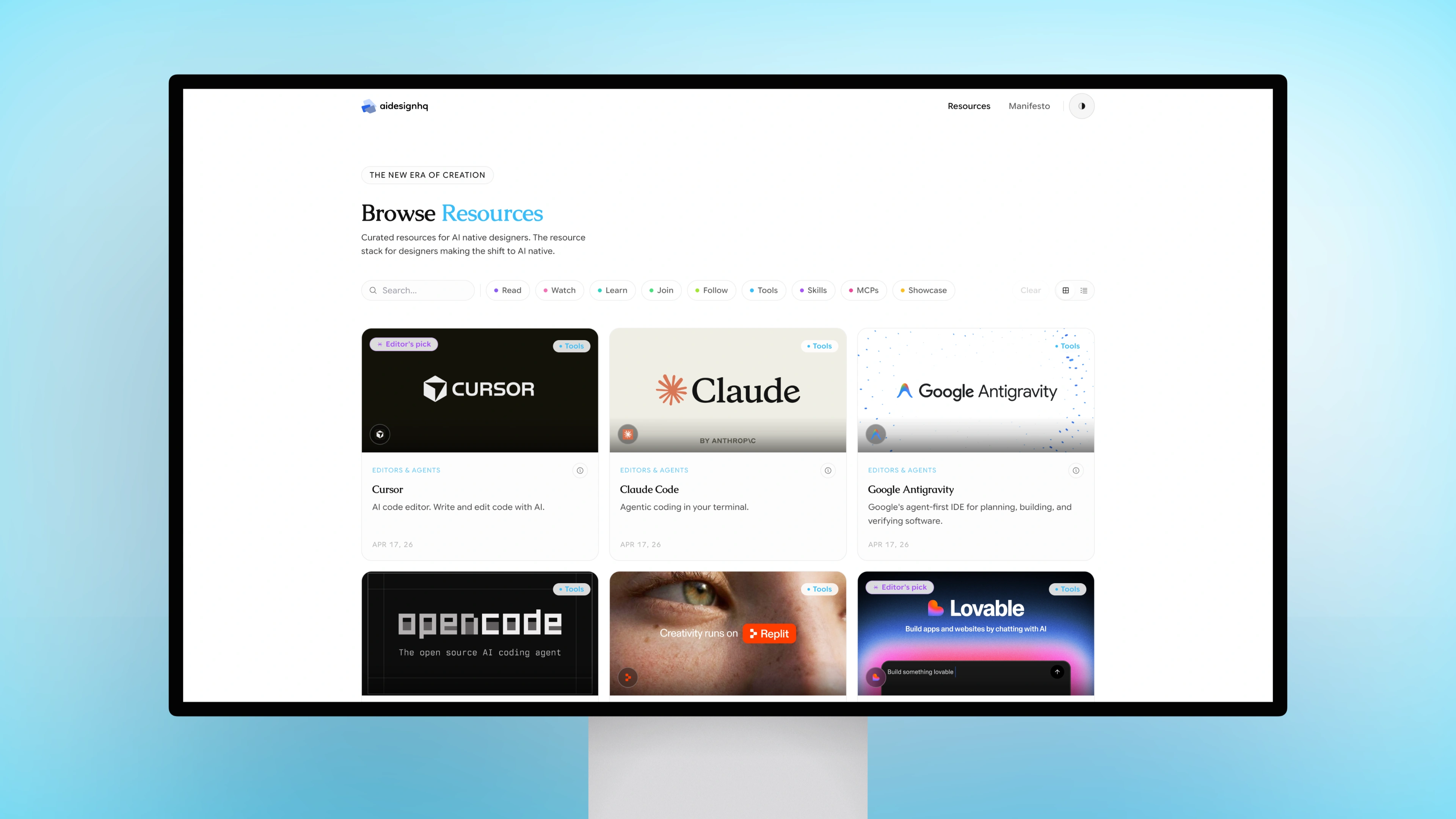 AI Design HQ resource library hero showing curated tool cards in light theme