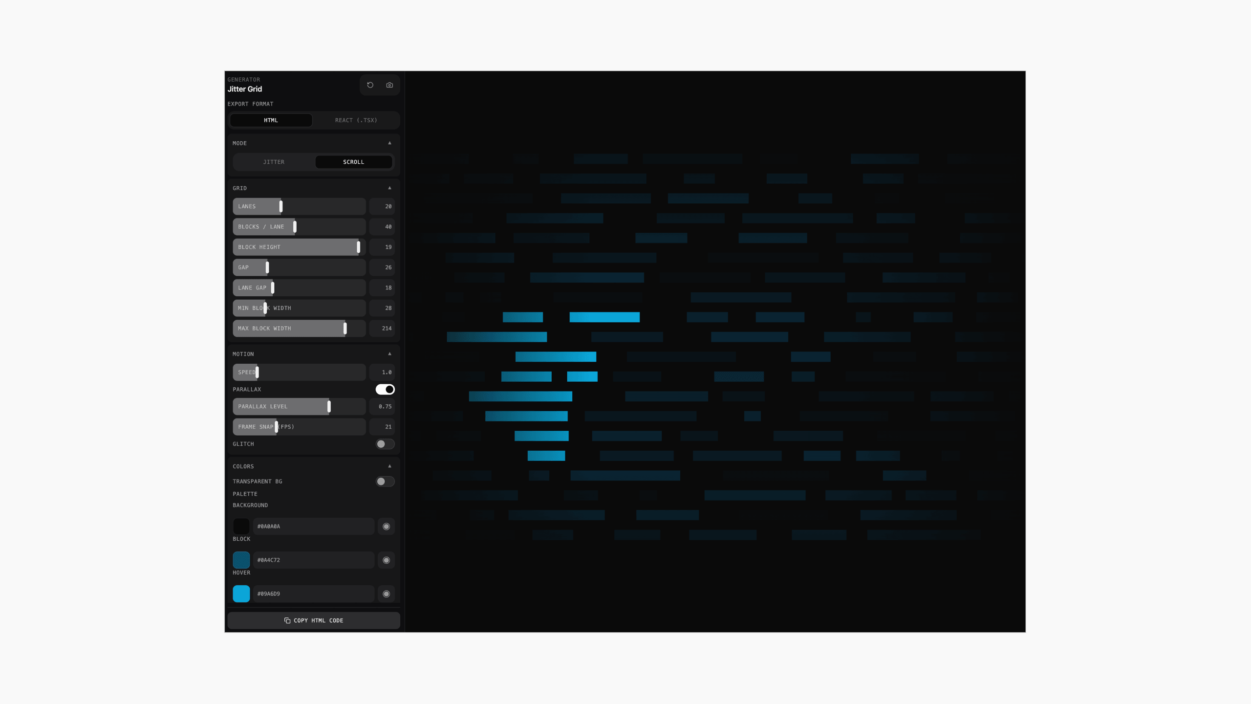 Jitter Grid Generator interface showing a dark animated grid preview with control settings