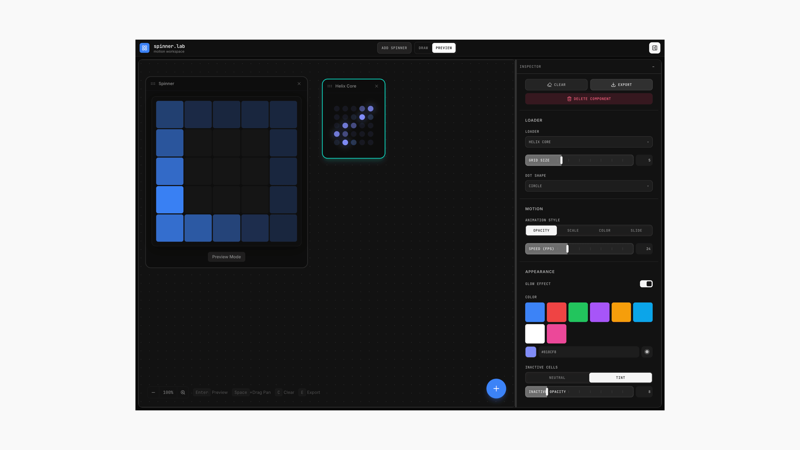 Spinner Builder interface showing a Helix Core grid loader alongside animation style, speed, and glow controls