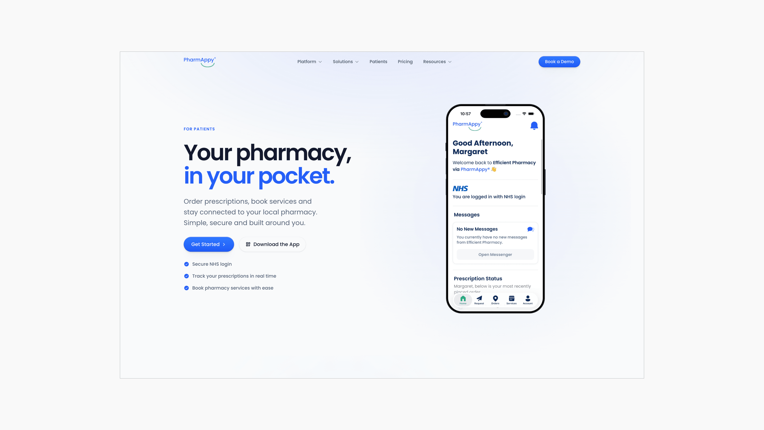 PharmAppy patient page showing prescription, booking, and messaging value proposition