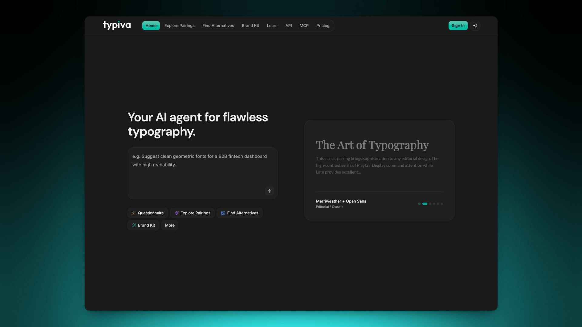 Typiva AI font discovery tool home — single prompt to pairings, alternatives, and brand kit
