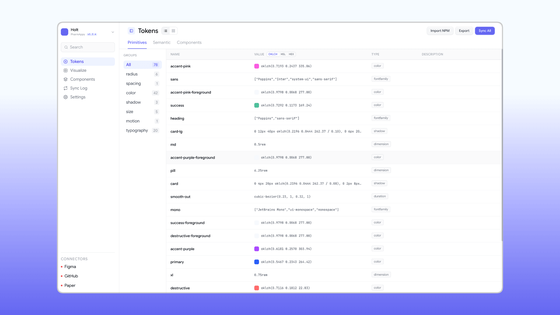 Holt design token manager showing PharmAppy primitives, semantic tokens, and Figma, GitHub, and Paper connectors