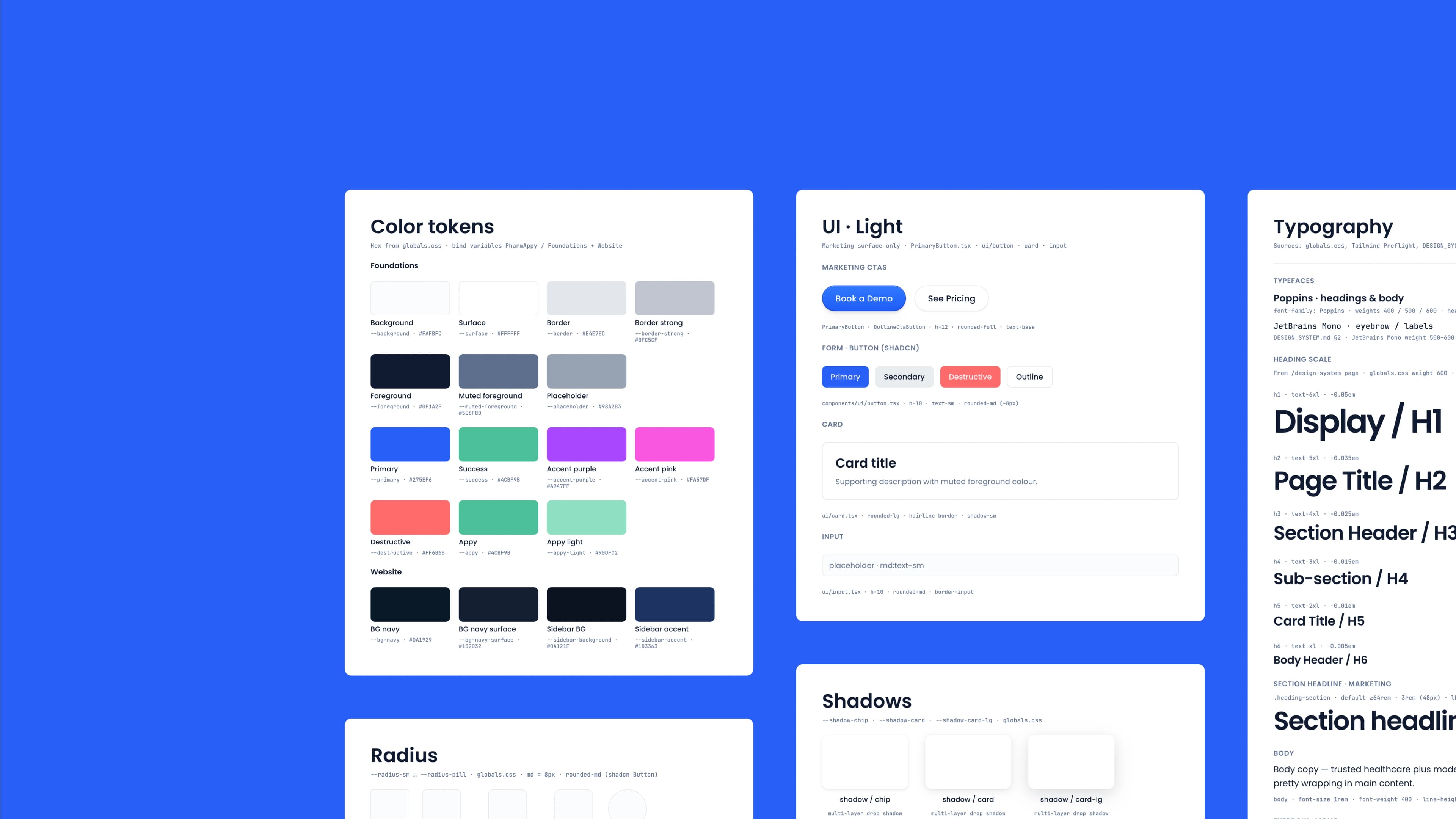 Design system token board — CSS variables for colors, typography scale, shadow tiers, and component specs authored in code